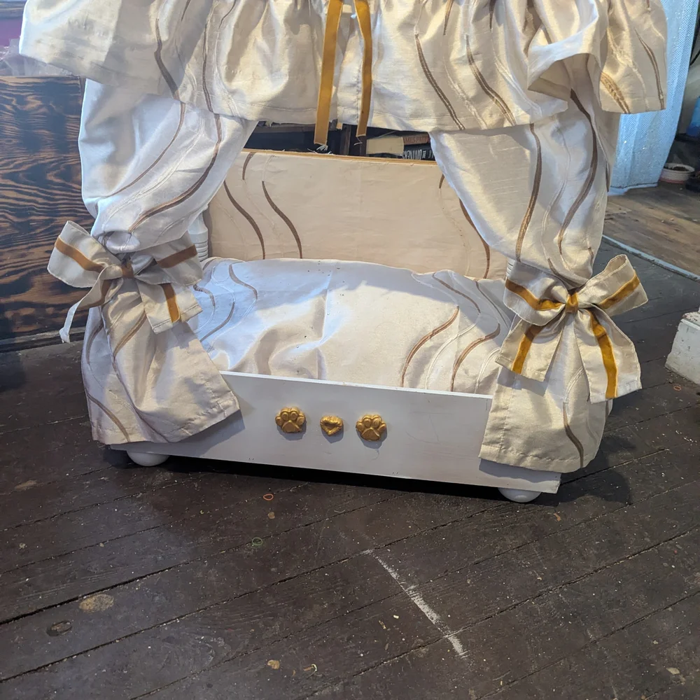 Elegant White and Gold Pet Bed with Curtains